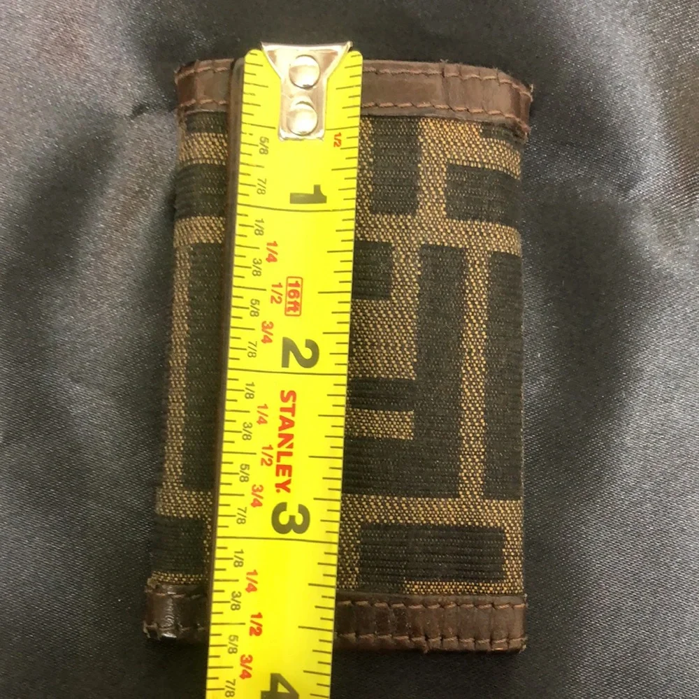 FENDI Zucca Navy Canvas Brown Leather Trim Snap Trifold Keycase